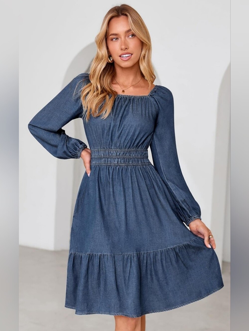 NWT Denim Blue Lyocell Smocked Waist A-Line Dress Size Large - Picture 3 of 6